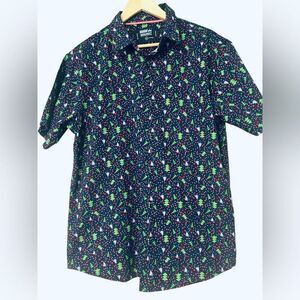 Men’s Monument Blue Green Christmas Trees Holiday Short Sleeve Button Shirt XL
